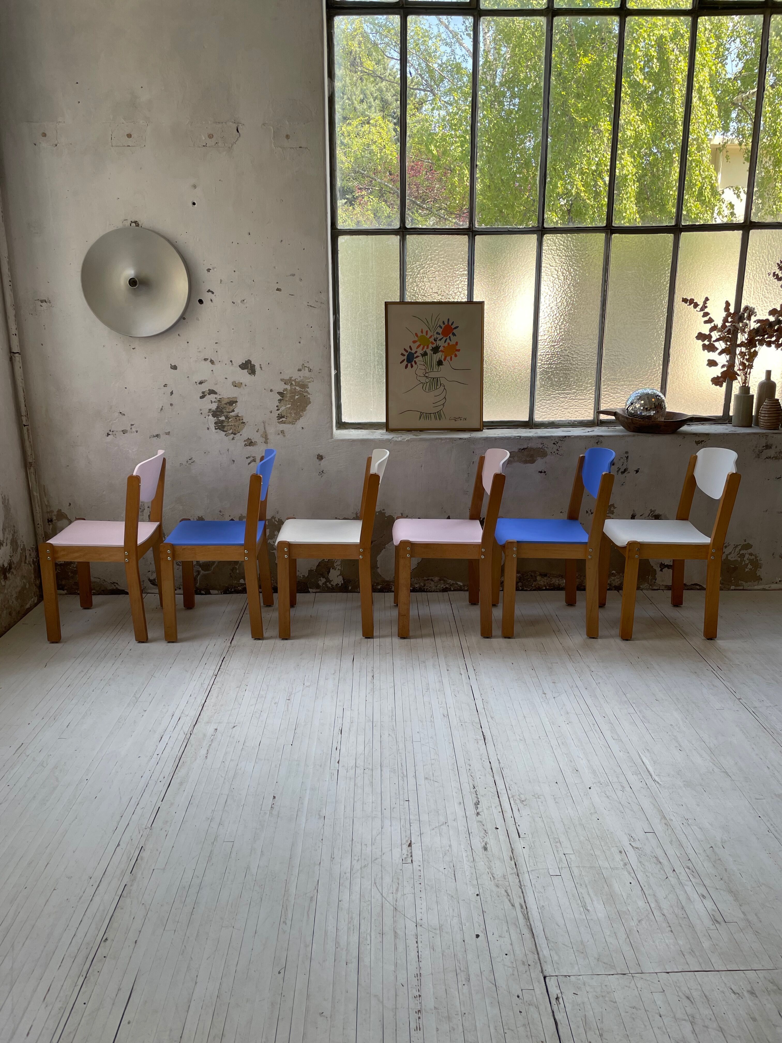 6 colorful 80s beech chairs