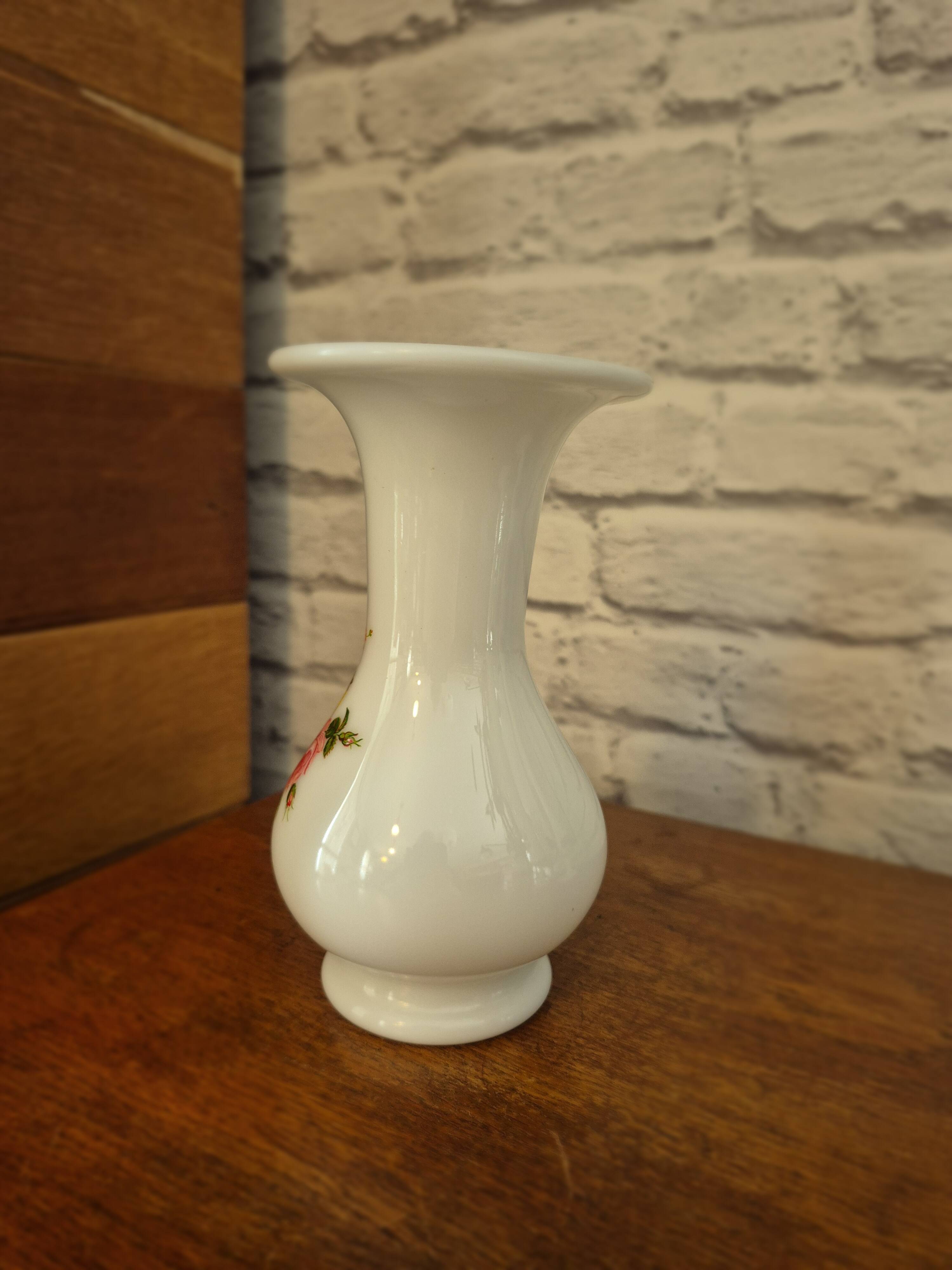 Vintage floral white opaline trumpet vase