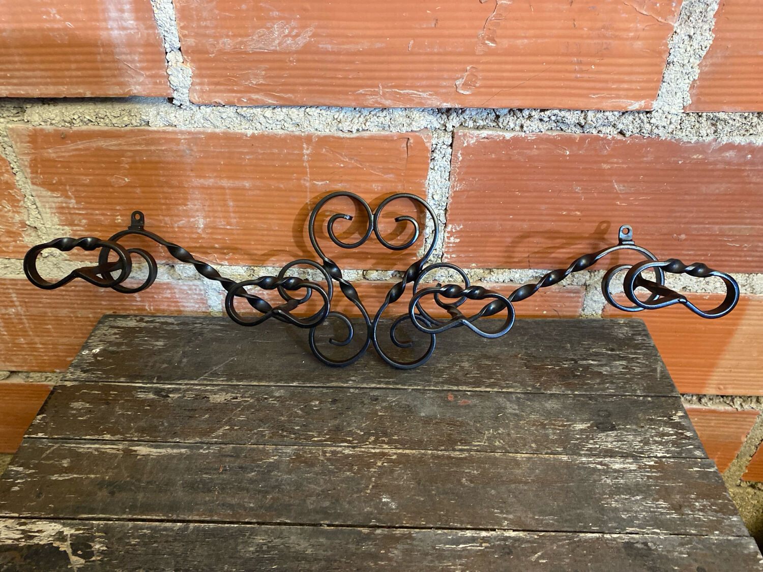 Vintage Wall Coat Rack with 4 Black Wrought Iron Heart-Shaped Hooks