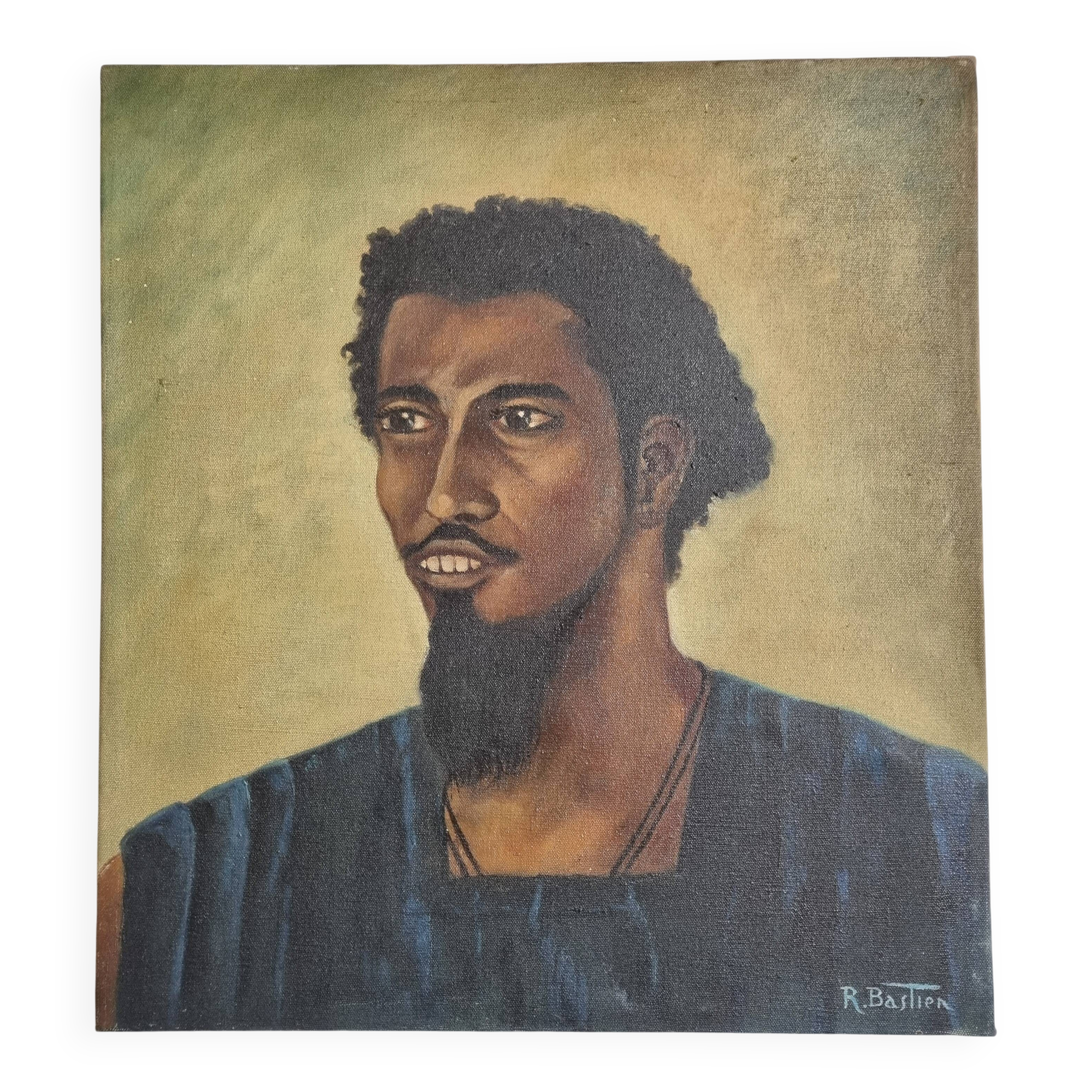 Portrait of a young Mauritanian man Oil on canvas signed Bastien 57x51 cm