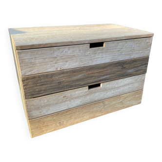 Chest of drawers in cream patinated pine, dark blue, 2 drawers