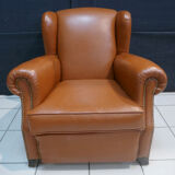 Club armchair with ears of the 40s/ 50s in restored leather