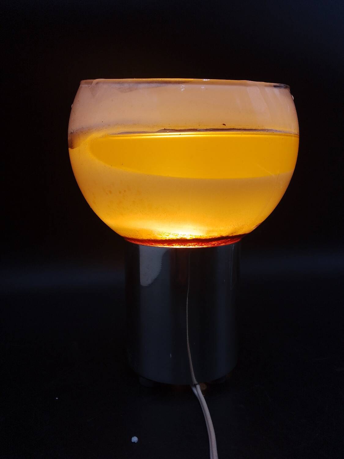 Old candle lamp perfume burner design 1970 in aluminum and pop art glass