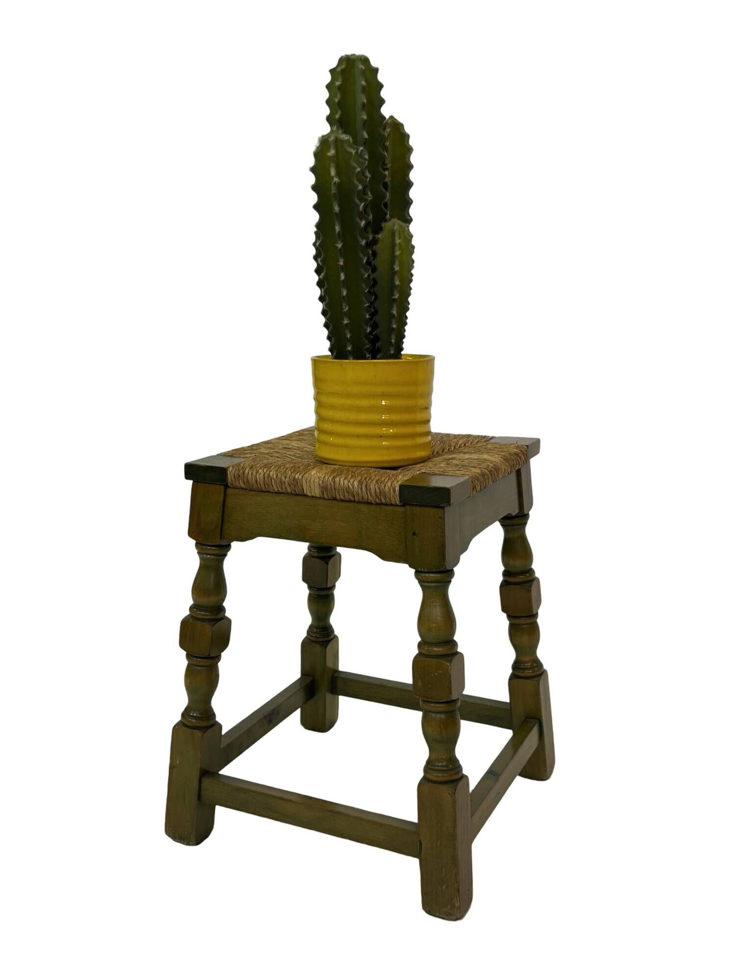 Vintage wooden stool straw seat 70s minimalist design in green