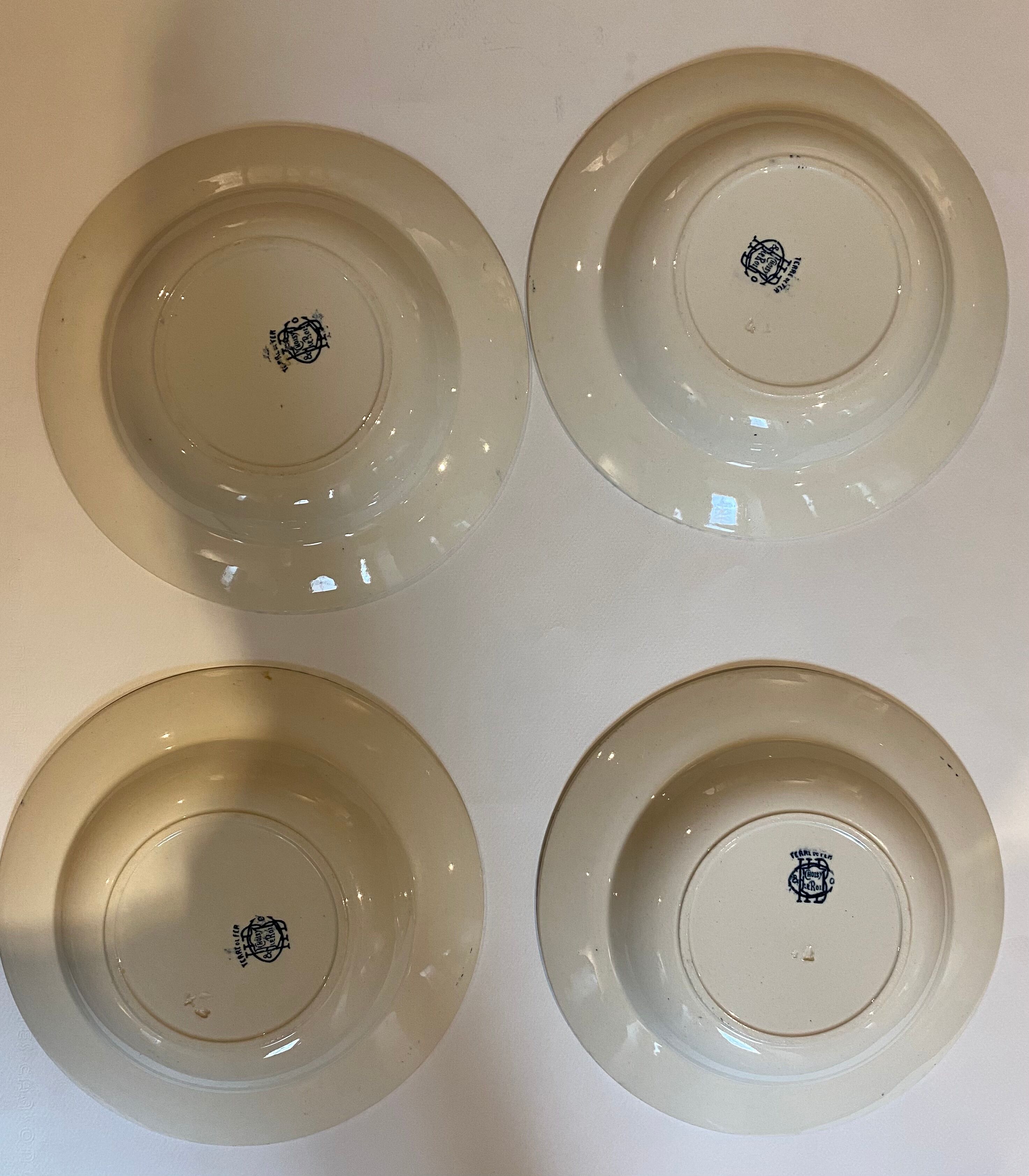 Set of 4 hollow plates, insect and fruit decorations, Manufacture Choisy le Roi, Terre de fer