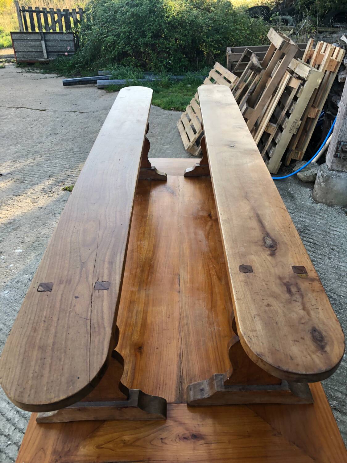 Antique farmhouse table in solid cherry wood with its 2 benches