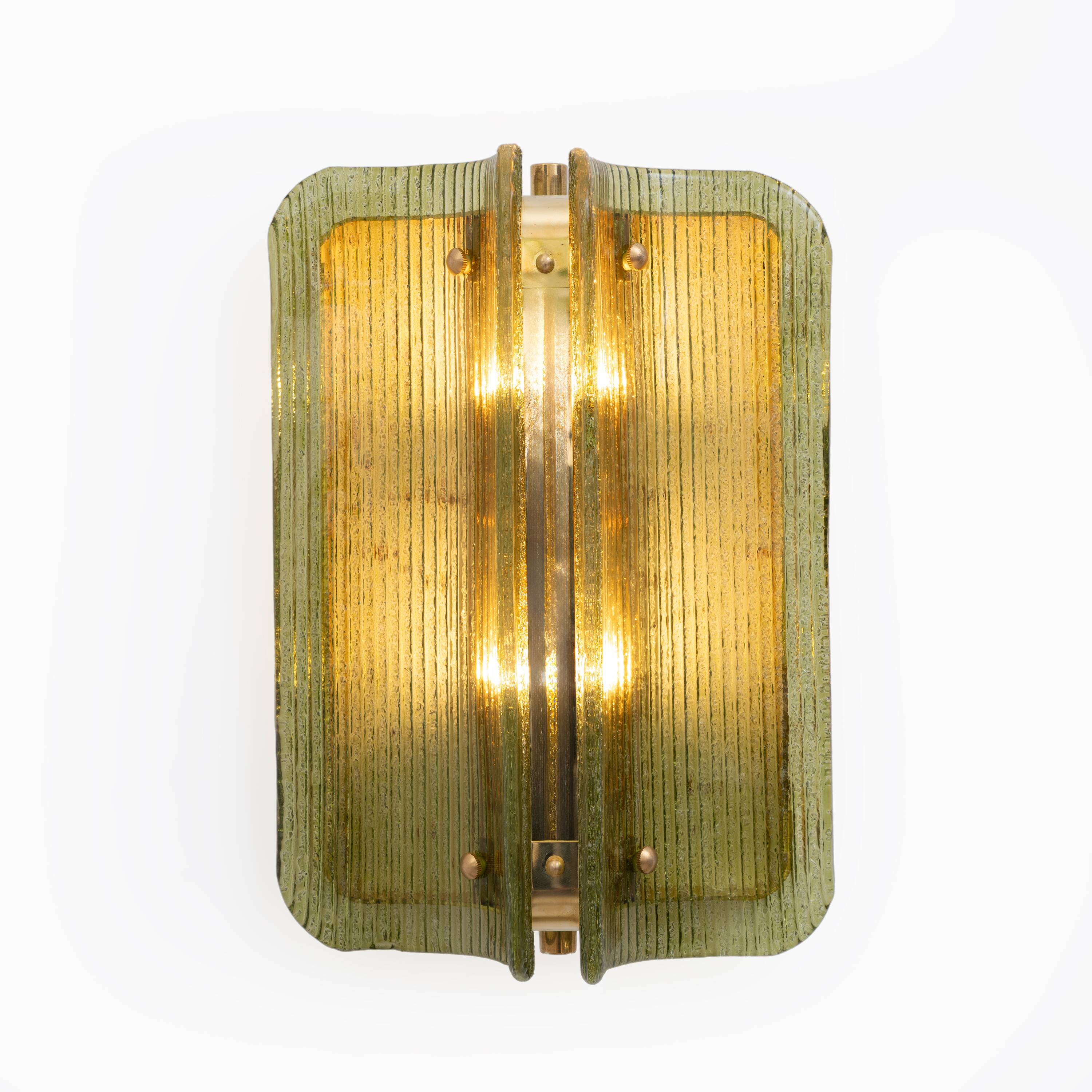 Pair of Curved, Ribbed Murano Glass and Brass Wall Sconces