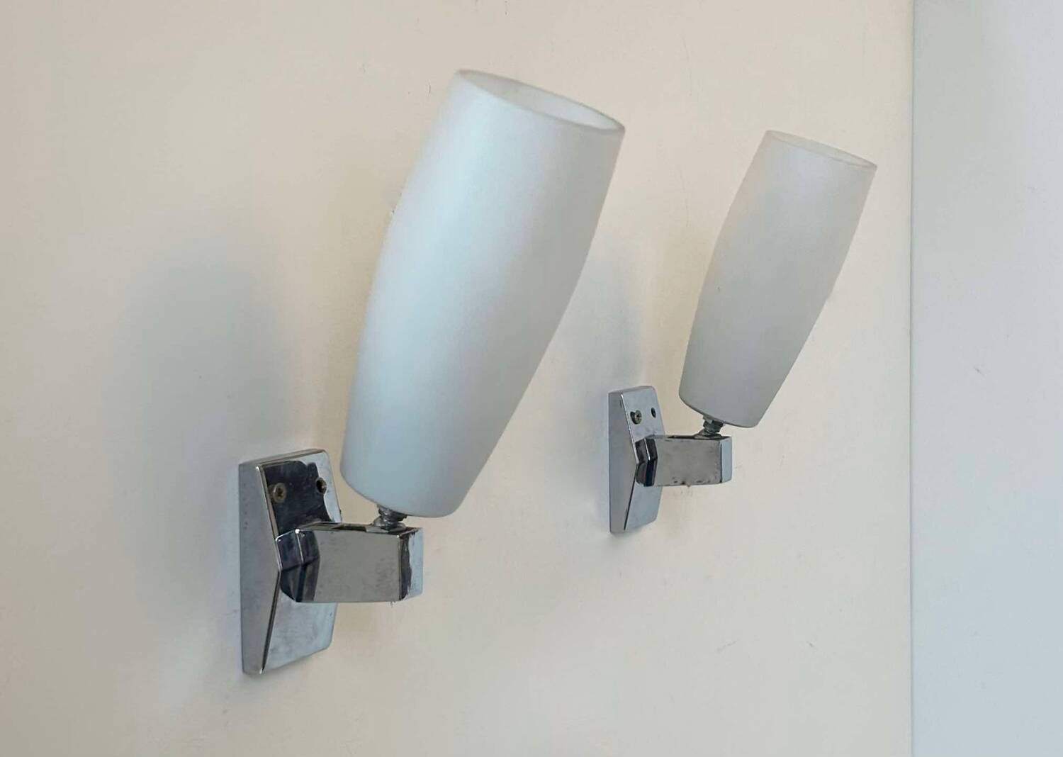 Pair of vintage adjustable wall lights, chrome and opaline, France 1970