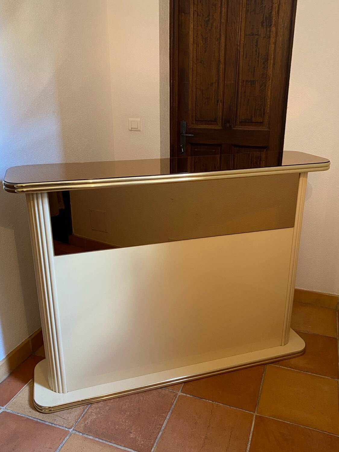 Bar, wooden counter, mirror and brass, 1970s