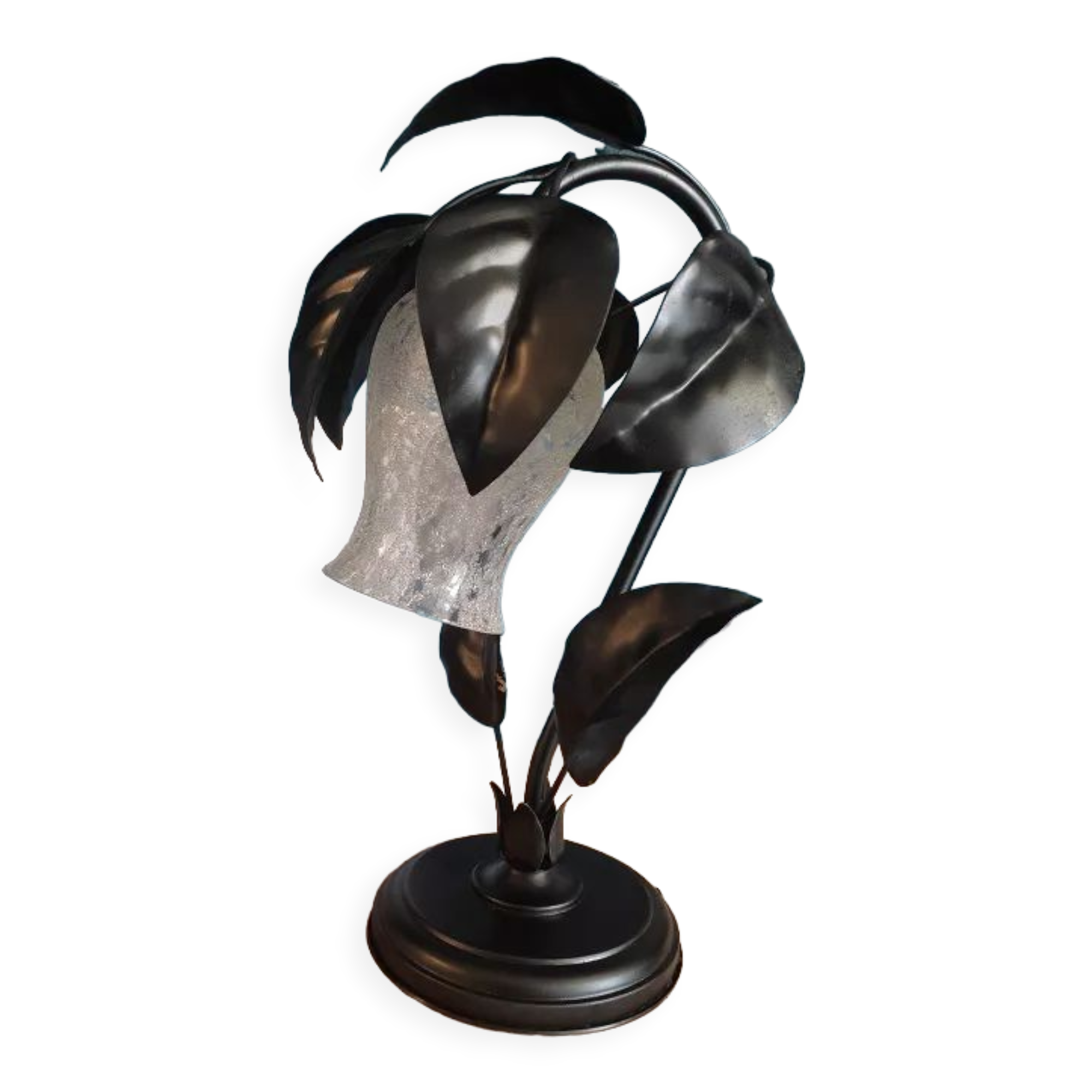 Bedside lamp black metal leaves tulip frosted glass