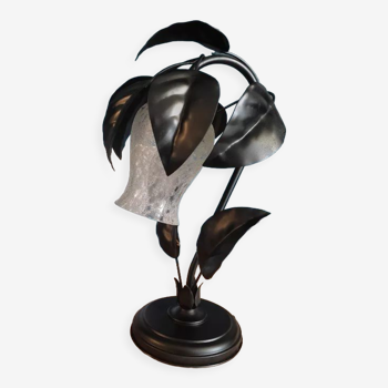 Lampe chevet métal noir feuilles tulipe verre givré