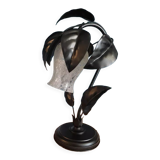 Bedside lamp black metal leaves tulip frosted glass