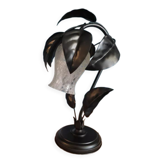 Lampe chevet métal noir feuilles tulipe verre givré