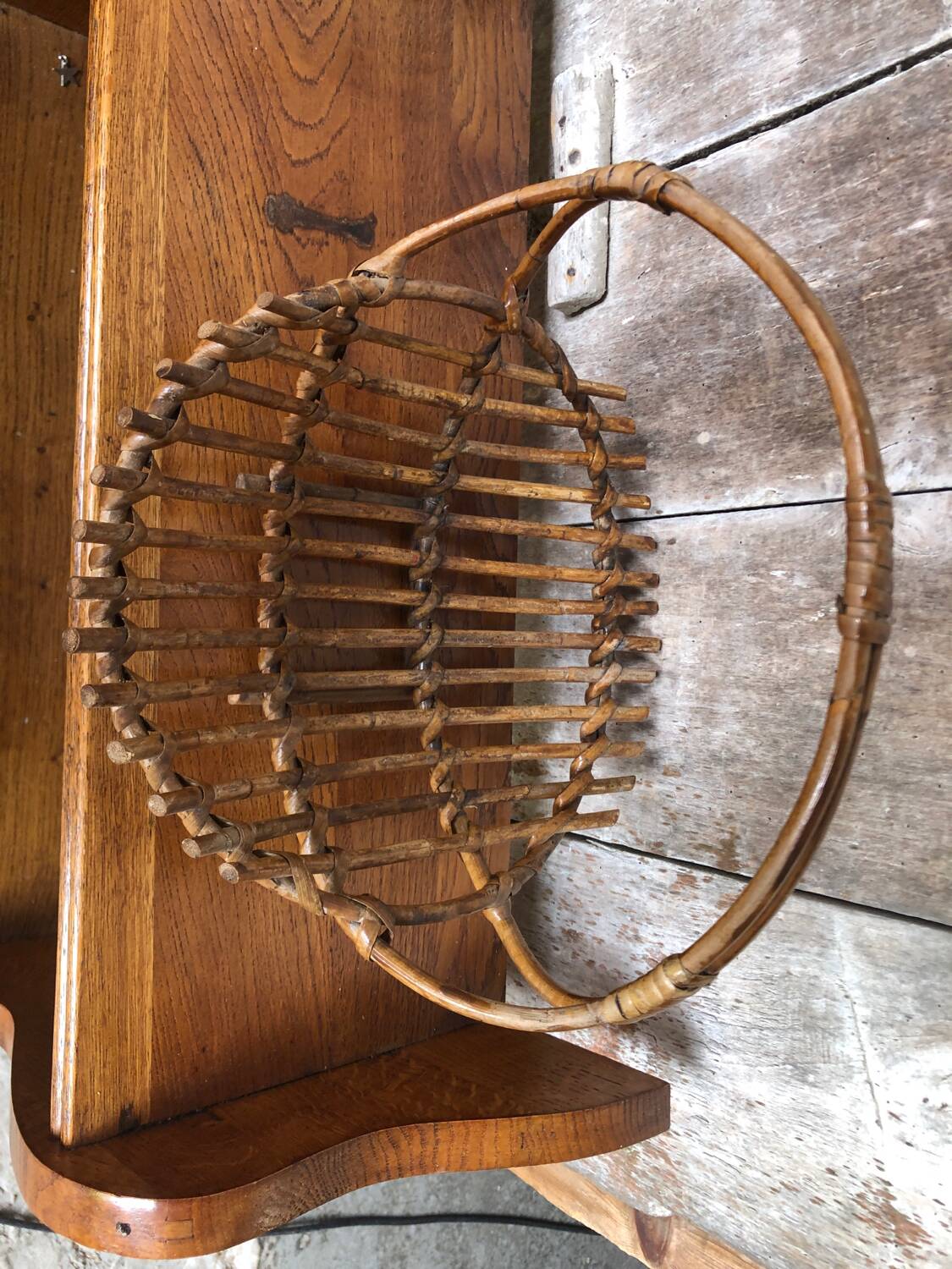 Old rattan picking basket vintage wood garden