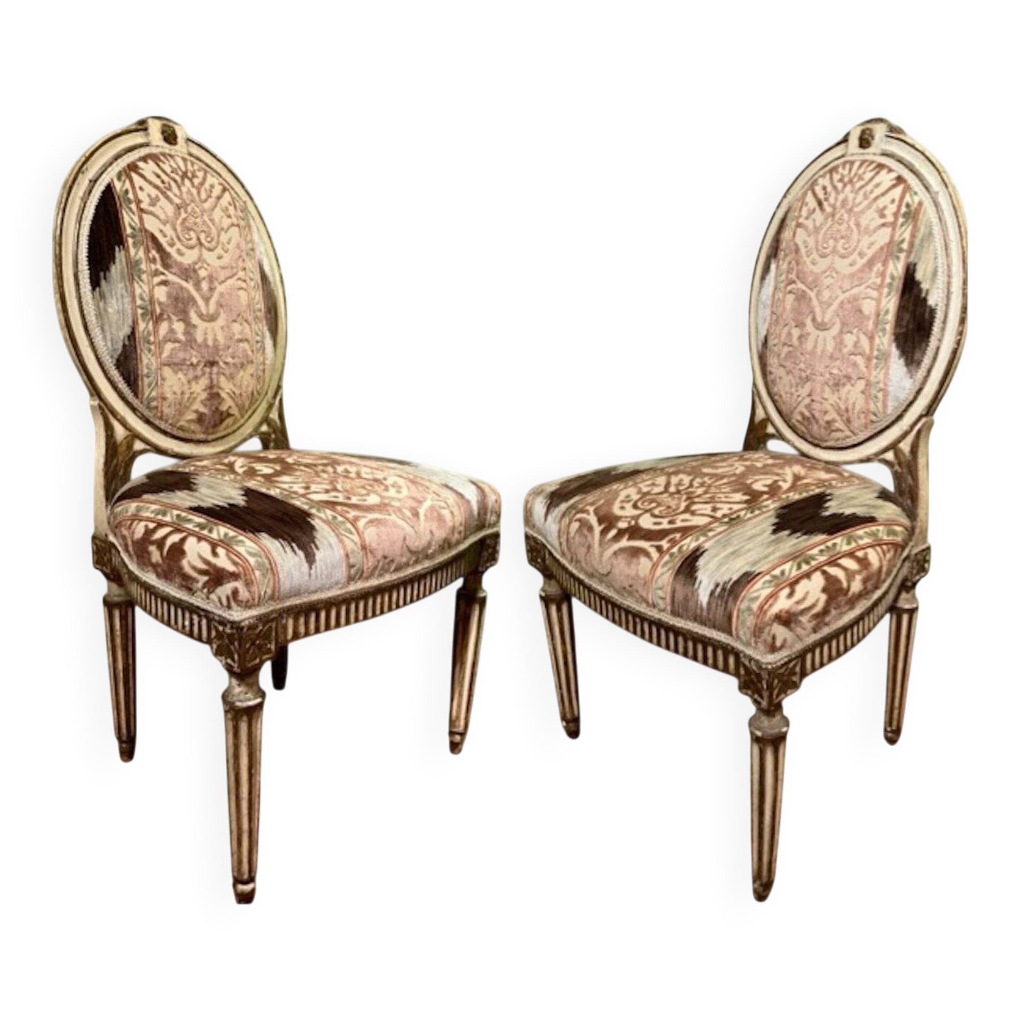 Chairs in Lacquer and Ikat Damask Upholstery, Set of 2