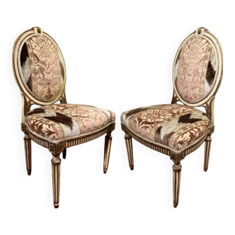Chairs in Lacquer and Ikat Damask Upholstery, Set of 2