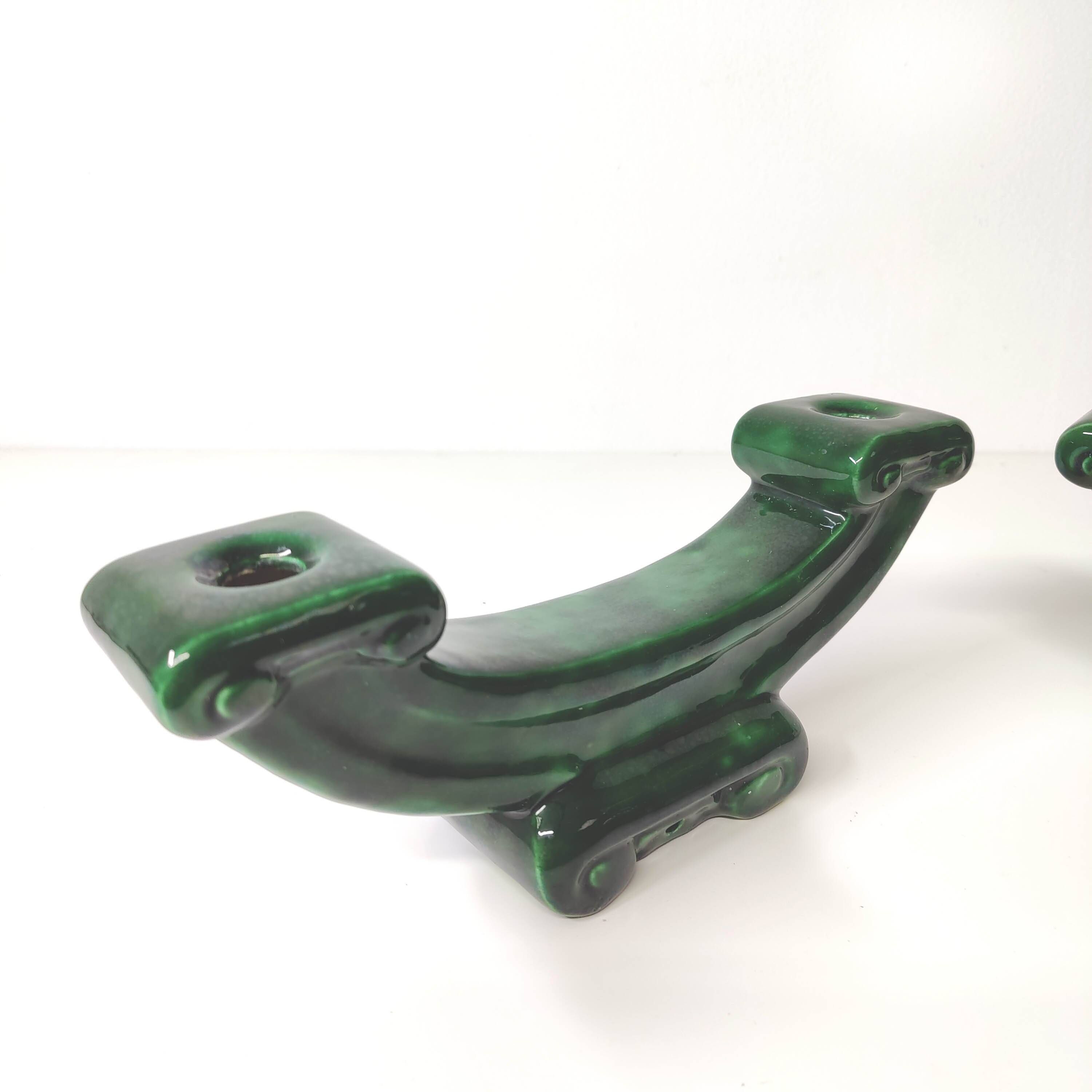 Pair of Art Deco green ceramic candlesticks by Santiago Rodriguez Bonome Paris