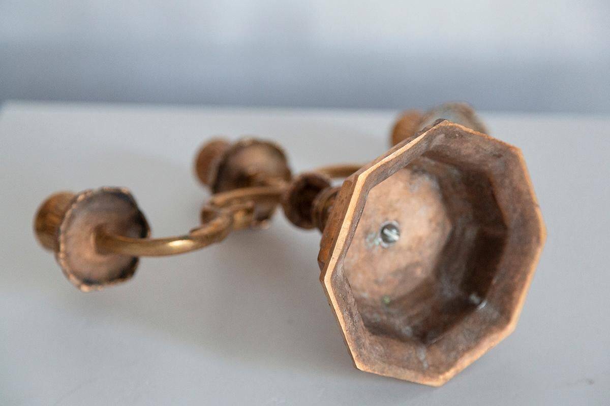 Decorative golden metal candle holders from the mid-20th century, Menora, France, 1960s.