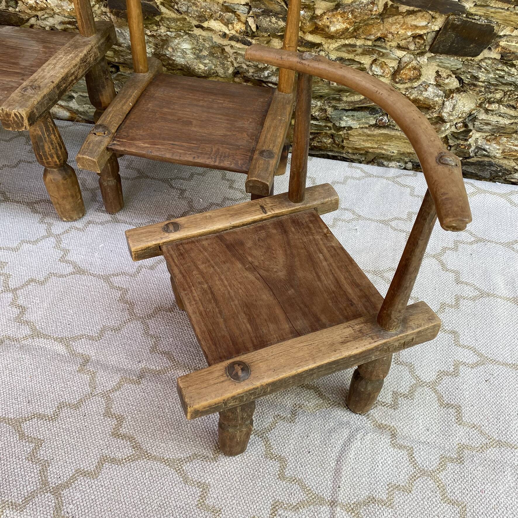Ancient Baoulé African chairs in carved wood, Wabi-Sabi.