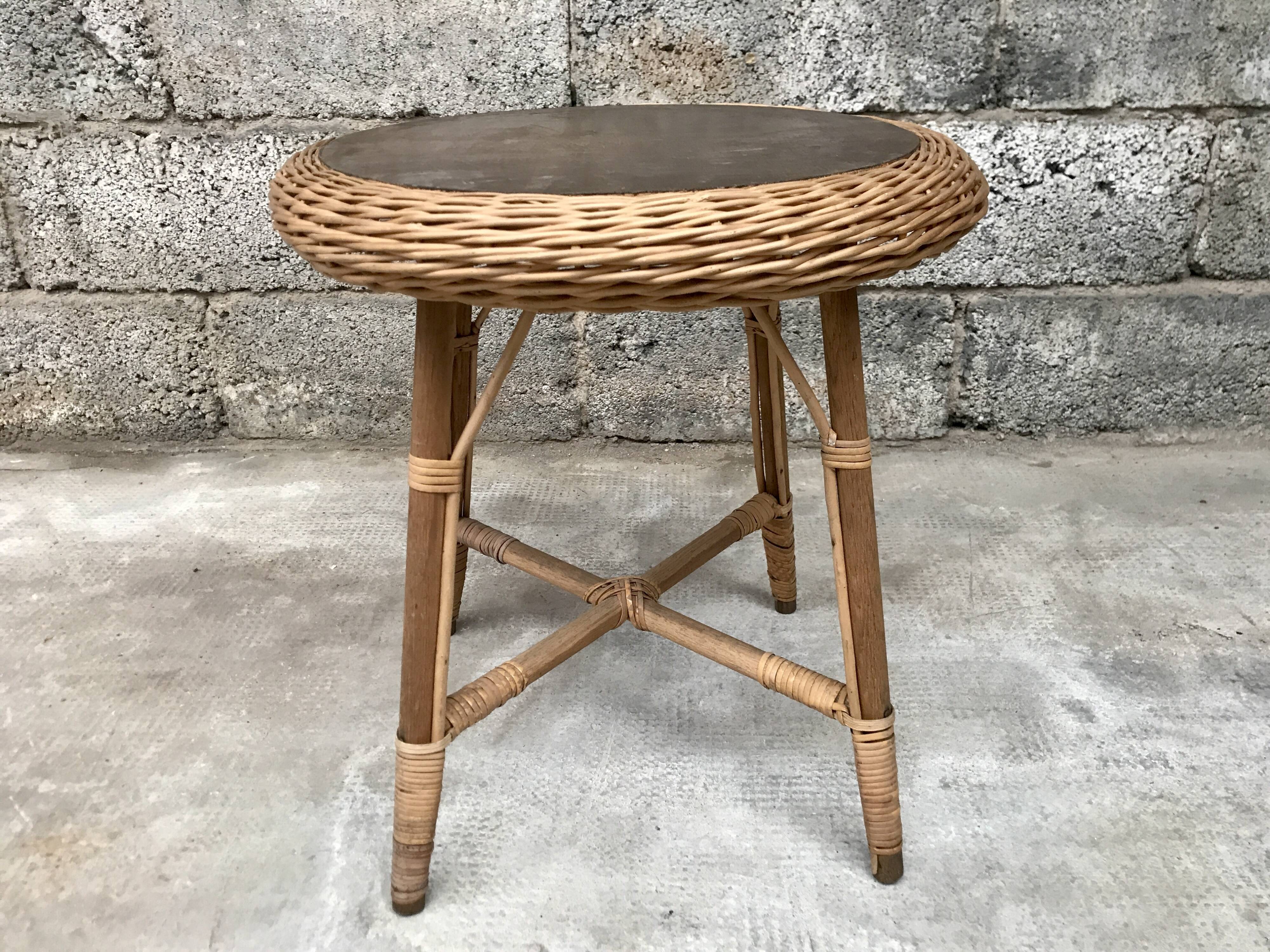 Vintage side table in bohemian old rattan wicker 1950
