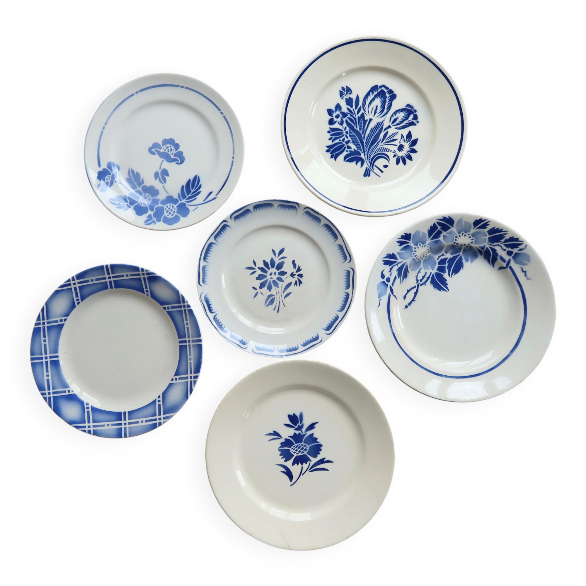 6 assiettes à dessert vintage faïence dépareillée bleue blanche
