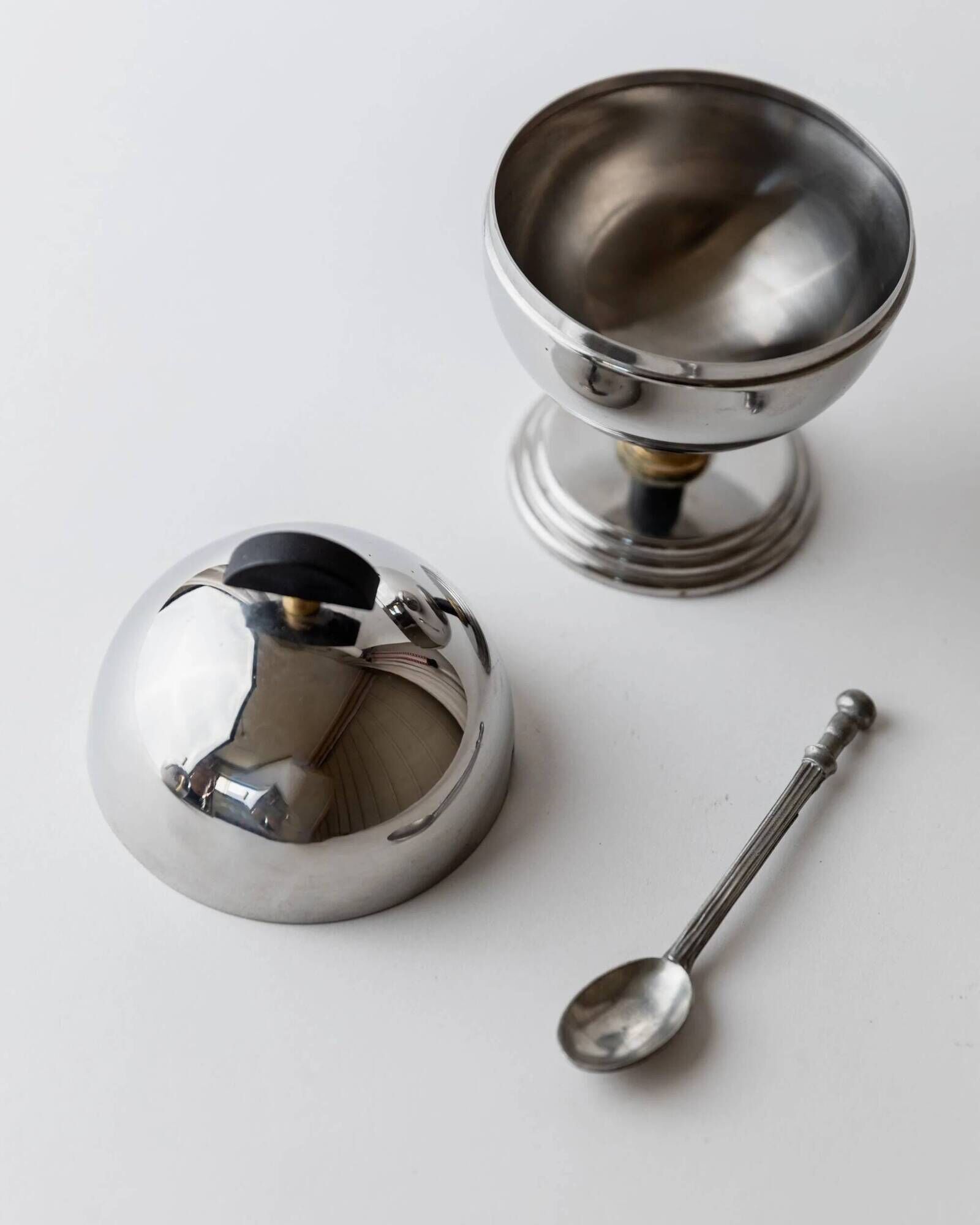 Vintage 1980s set of sugar or jam bowls, stainless steel and brass serving bowls, elegant postmodern tableware, breakfast service, gift idea.