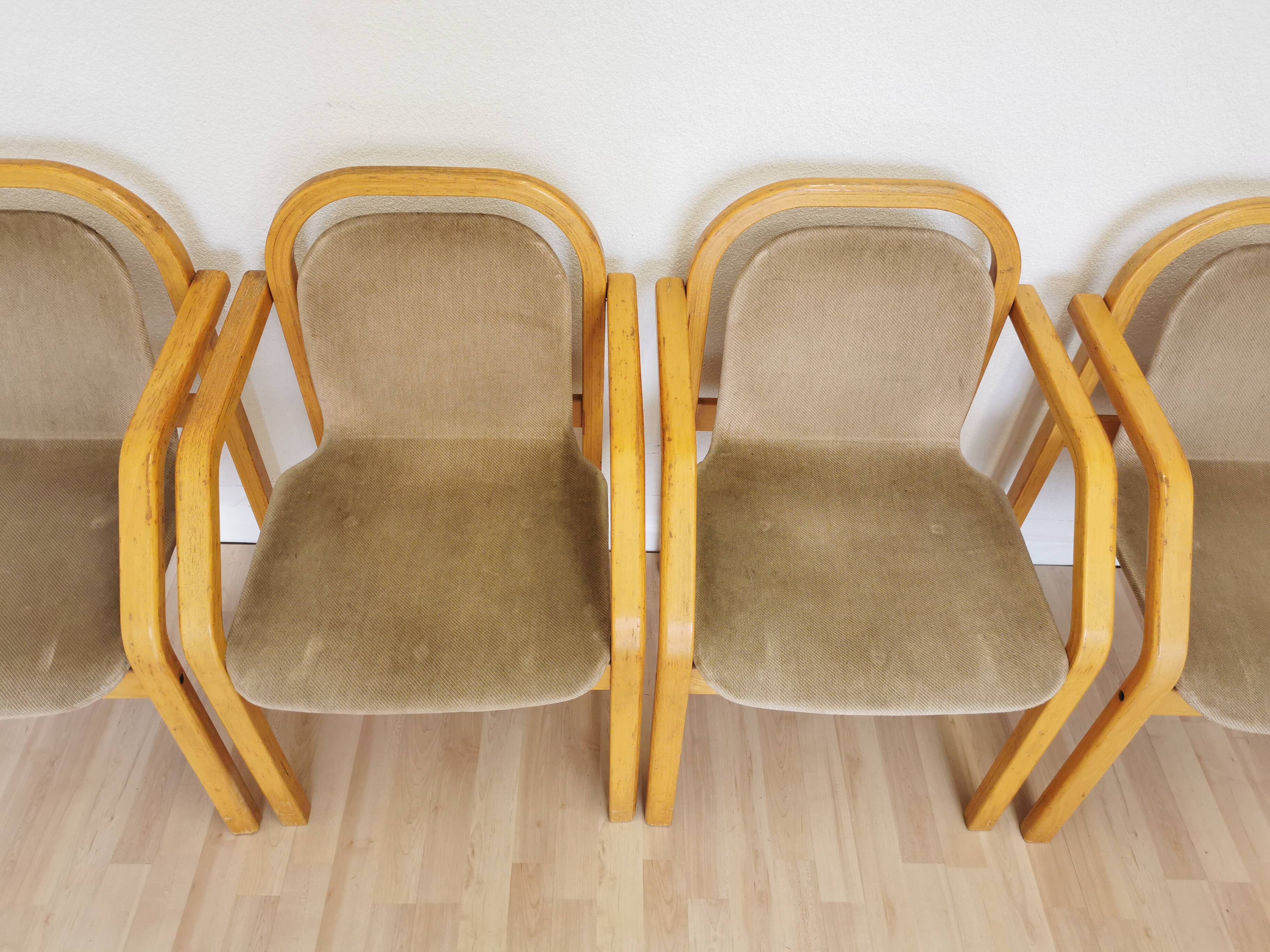 Set of 4 Vintage Beech Wood Dining Chairs: 1970s Space Age Gray Fabric