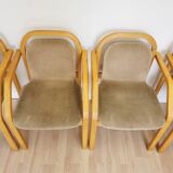 Set of 4 Vintage Beech Wood Dining Chairs: 1970s Space Age Gray Fabric
