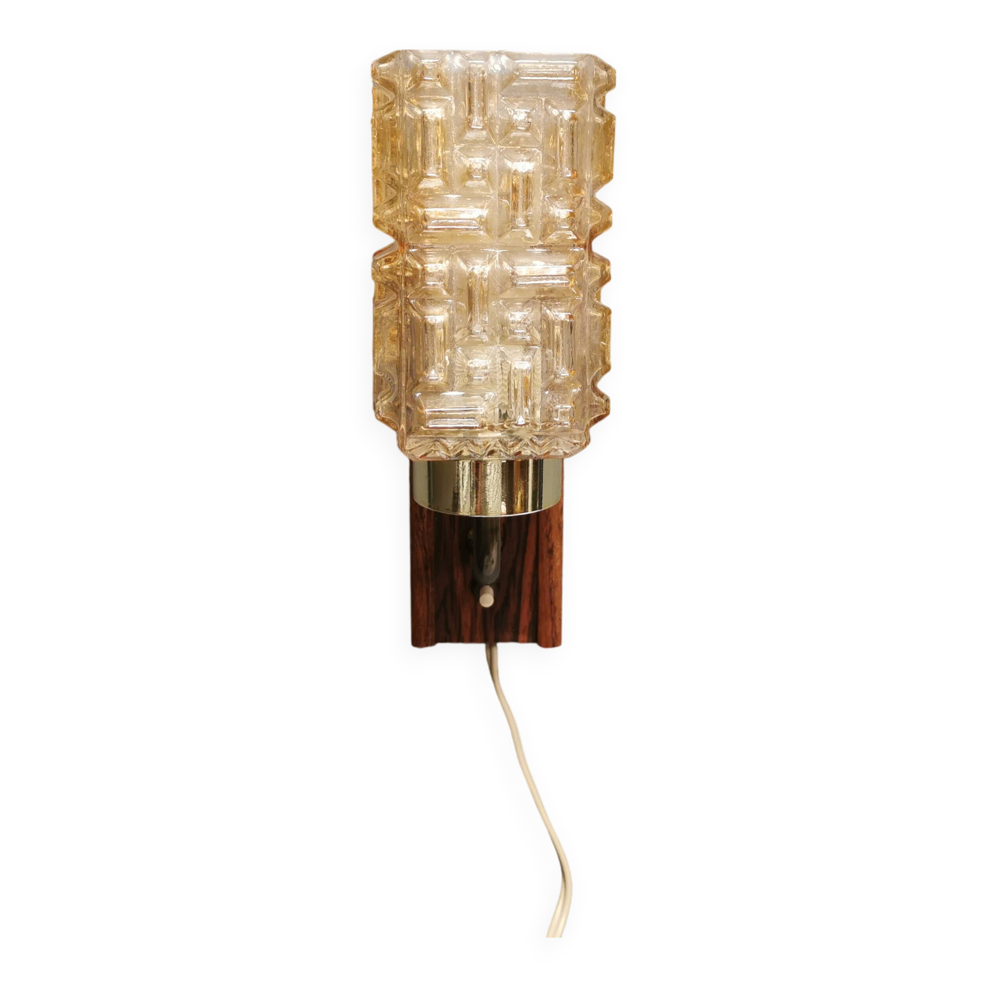 Small, stylish wall lamp with rosewood suspension and hard pressed glass