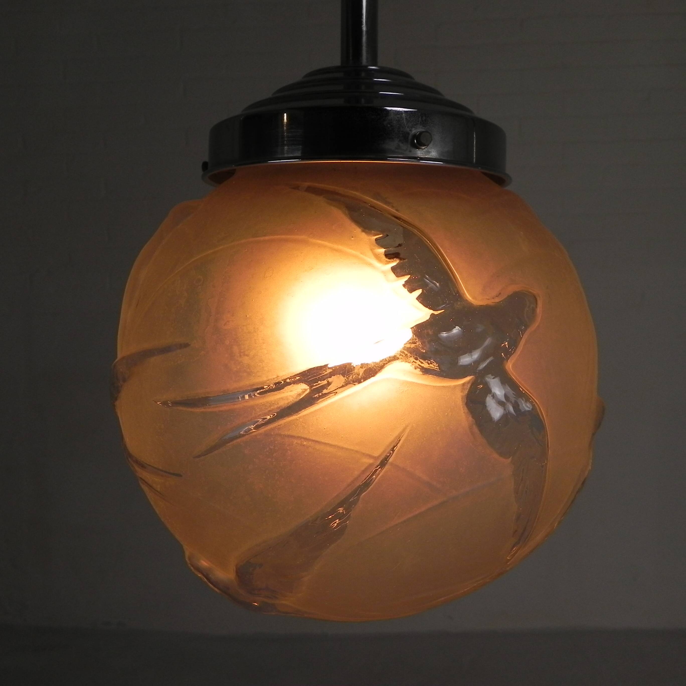 Art Deco pendant light with engraved glass globe and birds, 1930s