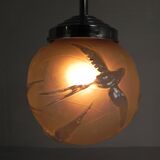 Art Deco pendant light with engraved glass globe and birds, 1930s