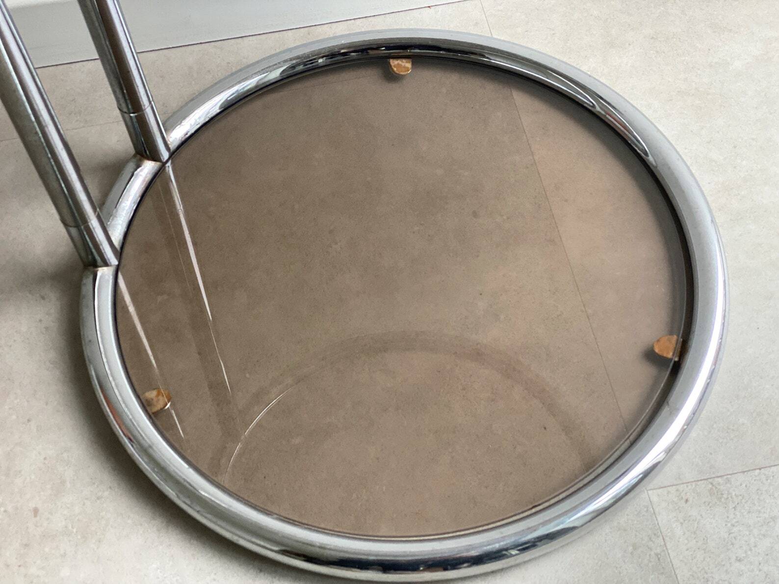 Vintage chrome Bauhaus side table with a smoked glass top, Eileen Gray / Milo Baughman style