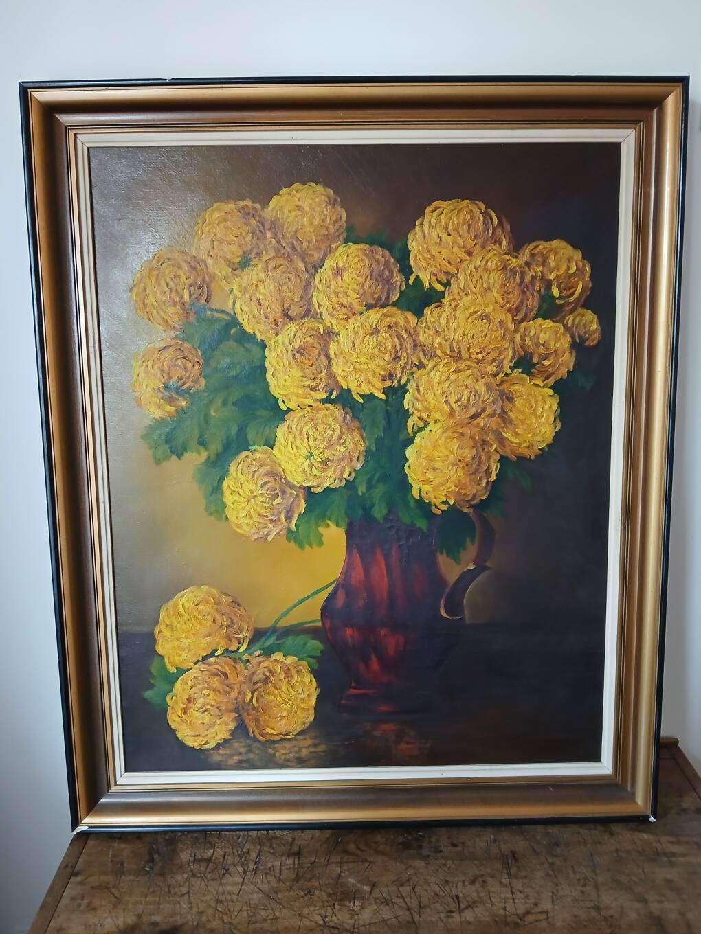 Signed painting - oil painting - bouquet of yellow pompoms