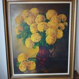 Tableau signé - peinture à l'huile - bouquet de pomponettes jaunes