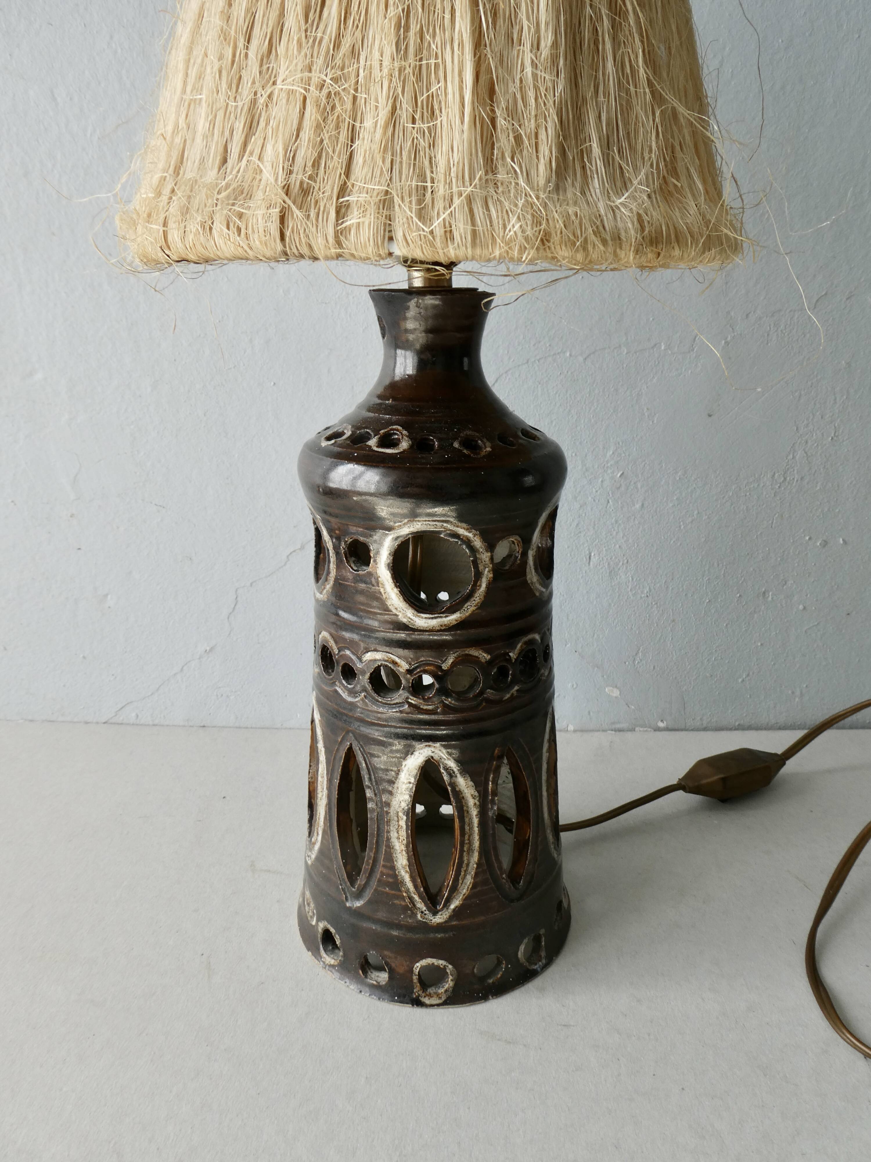 Openwork ceramic lamp and rope lampshade, 1960s