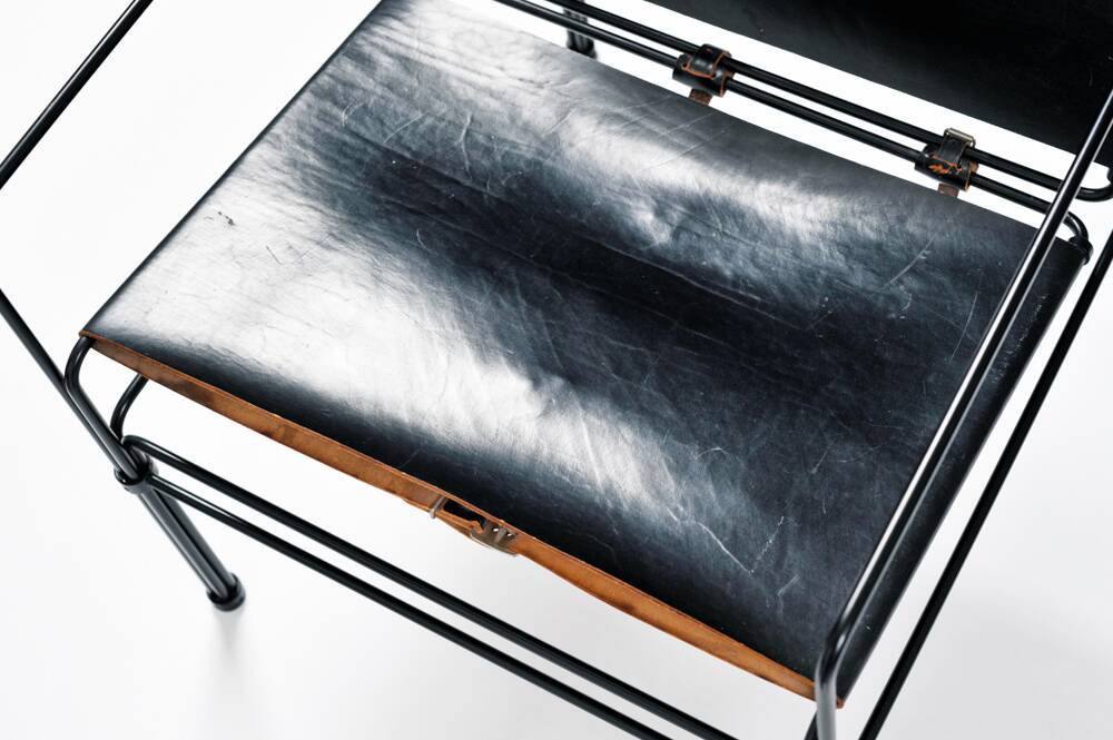 Black modernist design lounge set by Jan van Opzeeland in leather and steel bar, Netherlands, 1980s