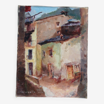 Tableau huile sur toile petite ruelle en Espagne, signé