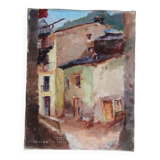 Oil painting on canvas small alley in Spain, signed