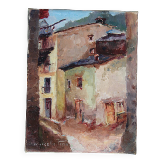 Tableau huile sur toile petite ruelle en Espagne, signé