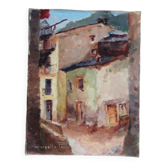 Oil painting on canvas small alley in Spain, signed