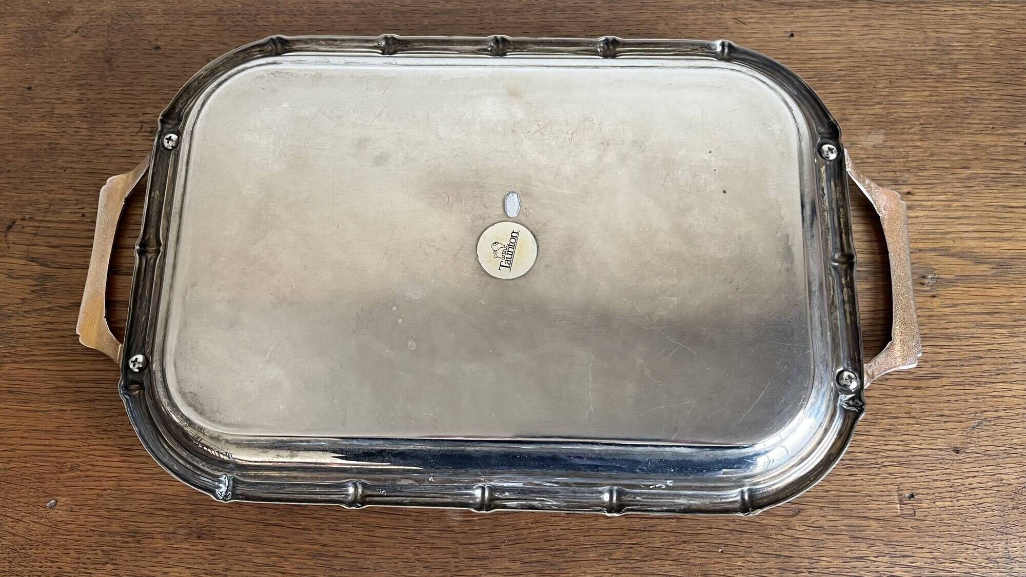 Silver-plated faux bamboo tray USA 1970 Hollywood Regency