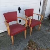 Pair old armchairs bridge skaï red chair