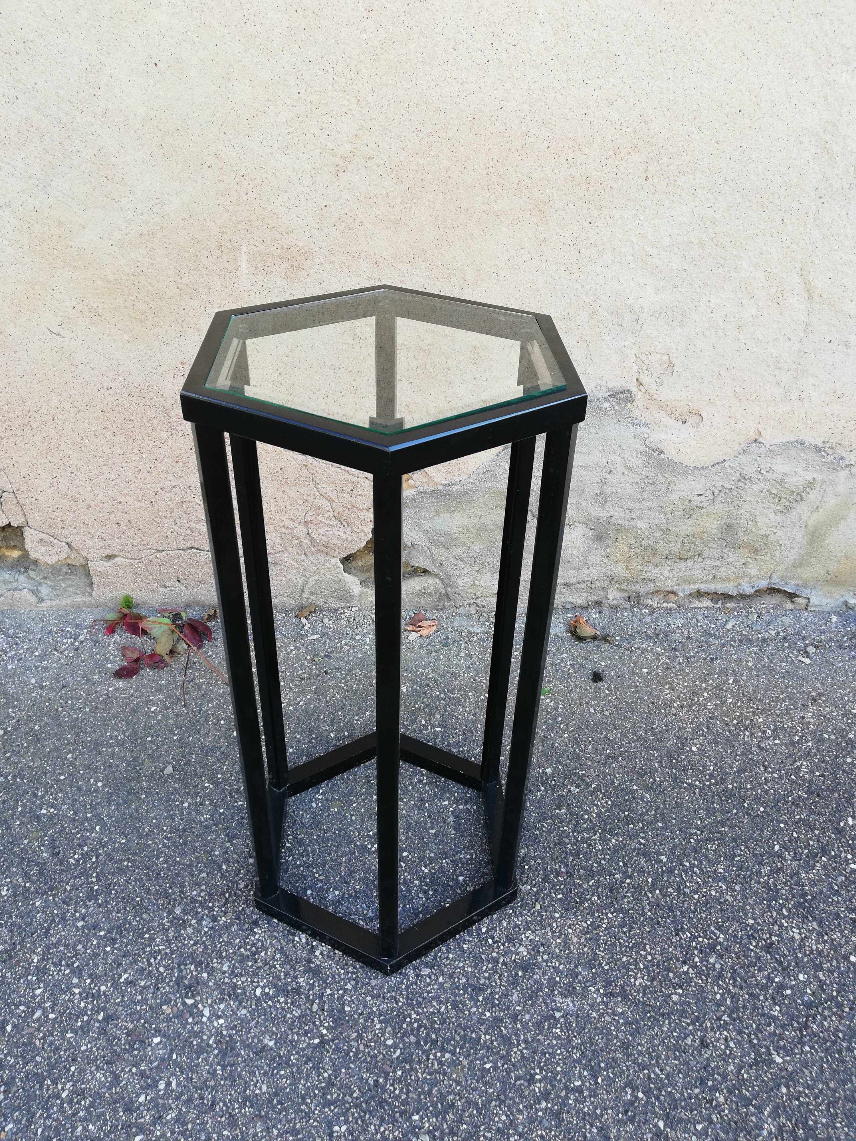 Vintage pedestal table wood and glass