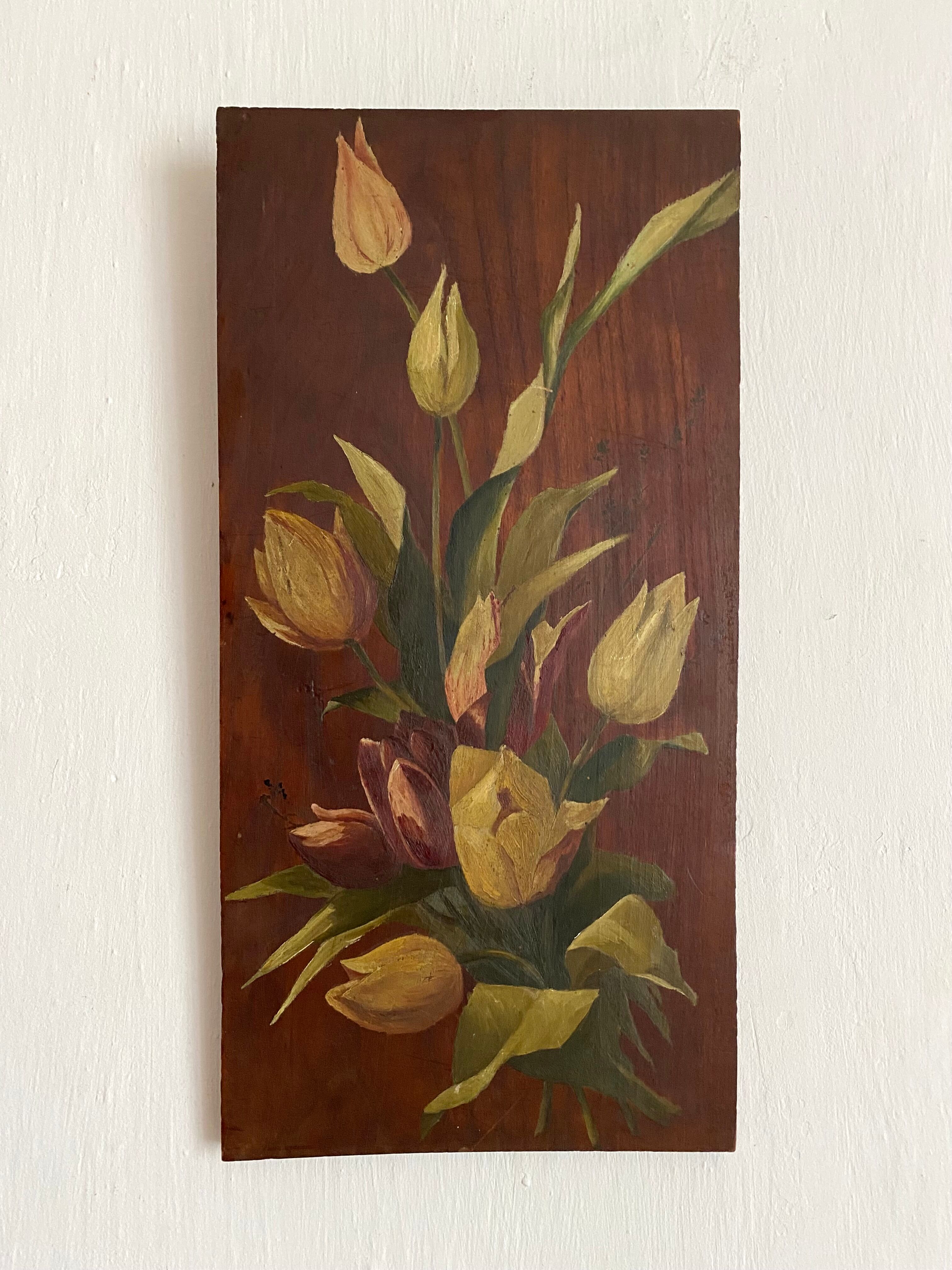 Peinture bouquet de fleurs sur bois 40 X 20