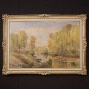 Huile sur panneau encadrée "Paysage", A. Corradi, 1950