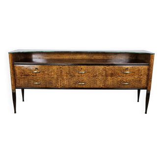 Commode années 1960 en bruyère de thuya avec double plateau en verre