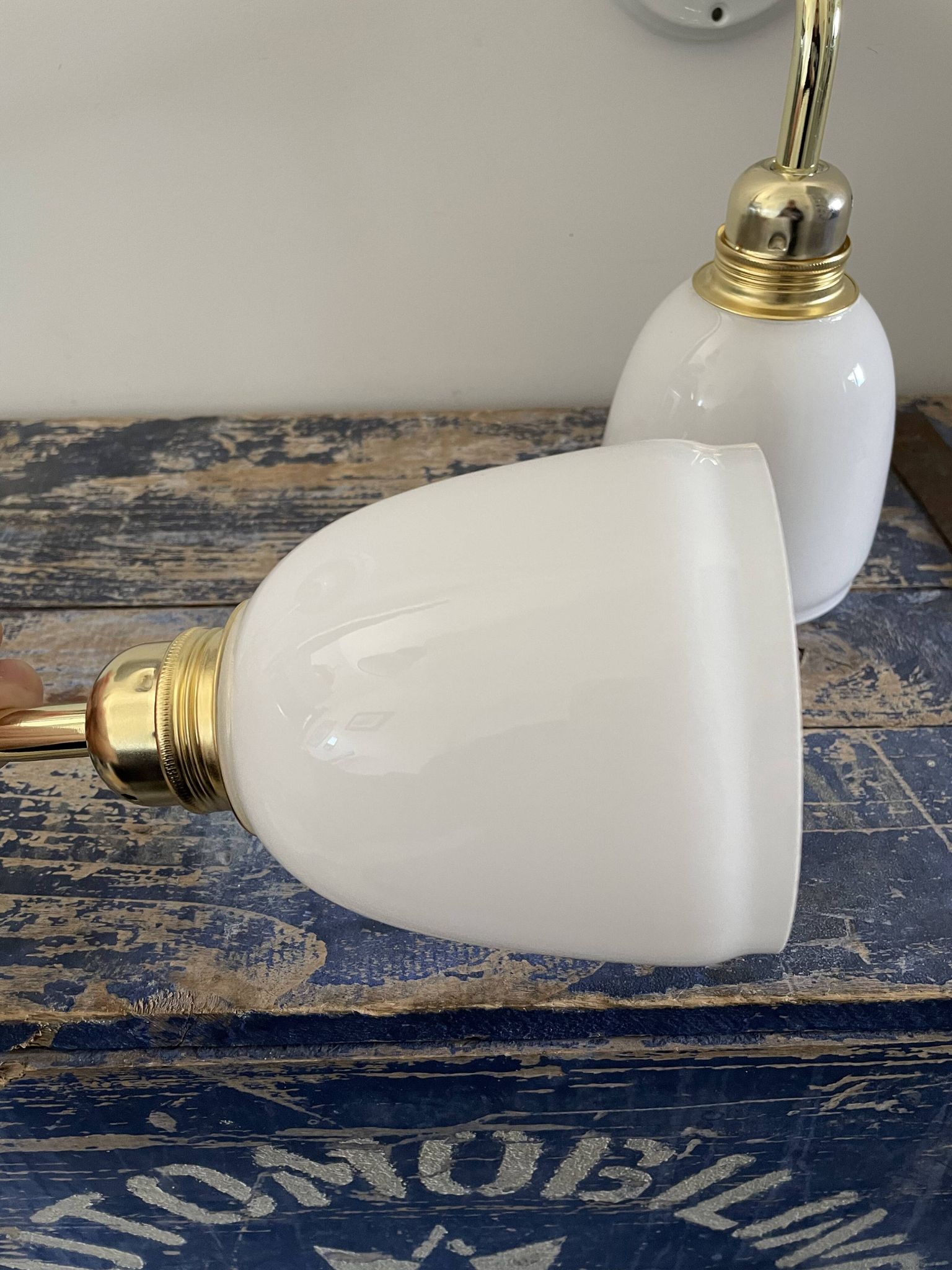 Pair of vintage white opaline sconces restored