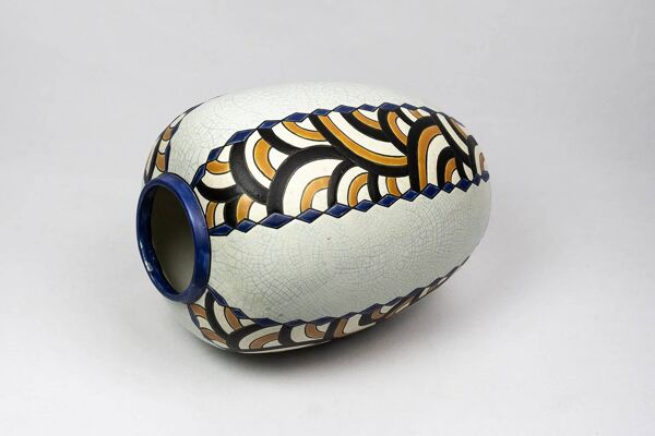 Vase Art Déco faïencerie de Nimy — décor géométrique, Belgique vers 1940