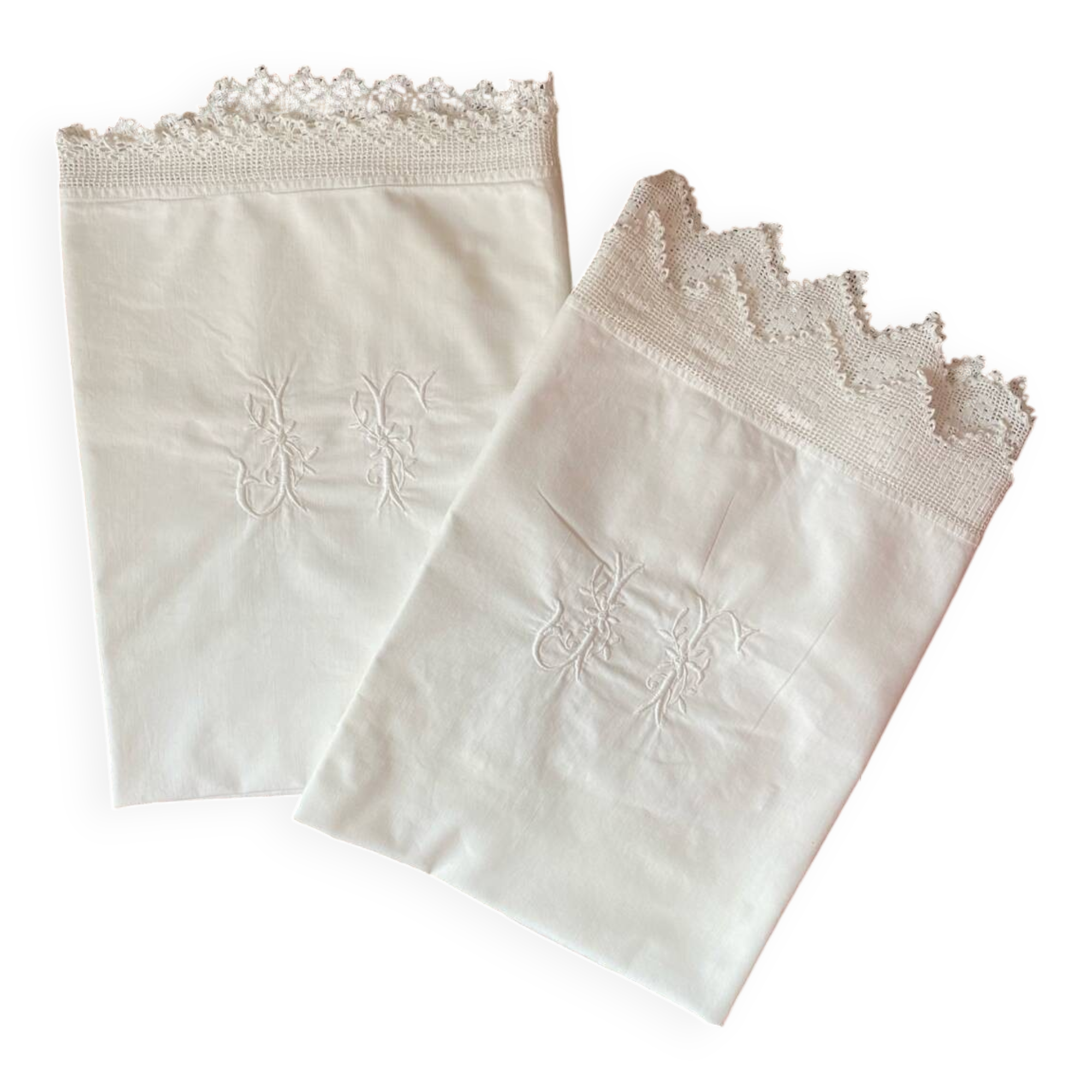 2 monogrammed JF trousseau pillowcases from the 30s.