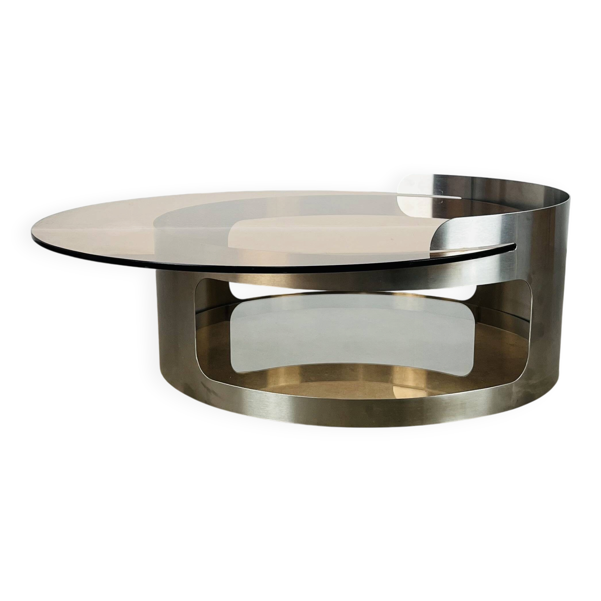 Kappa coffee table in steel and smoked glass, Maria Pergay style, 1970s.